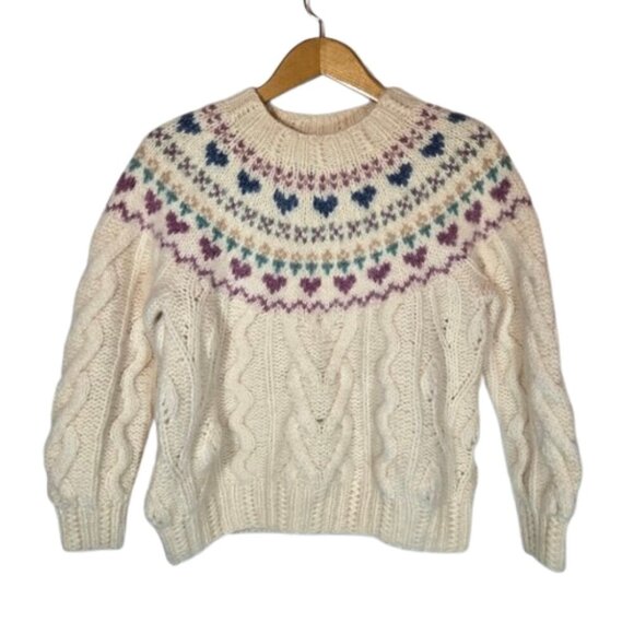 Vintage Hearts Wool Mohair Chunky Knit Sweater Fair Isle Grandma Cottagecore M - Picture 1 of 9